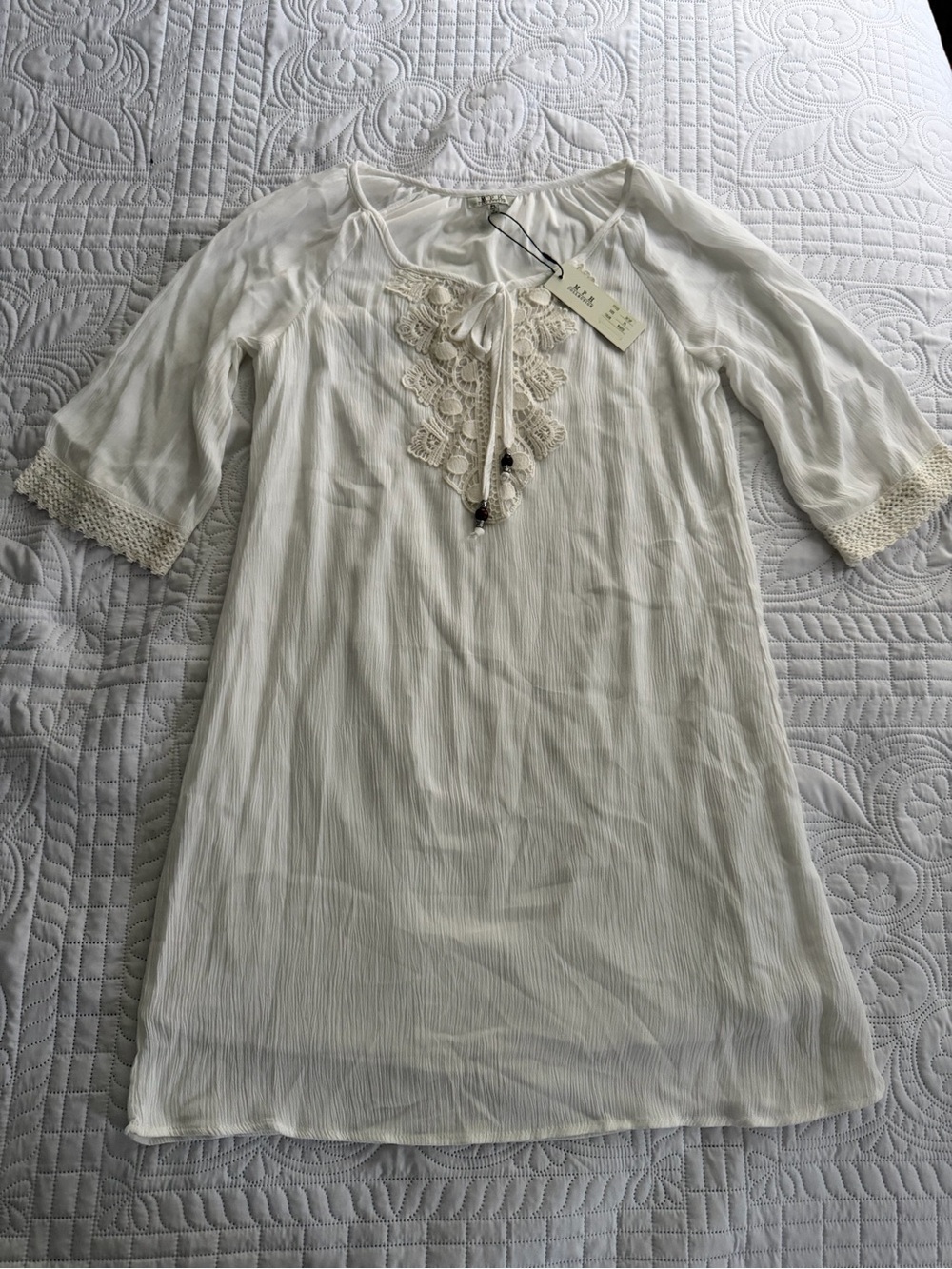 Boho NWT White Cream Crochet-Trim Gauze Tunic Dress Beach Flowy Large